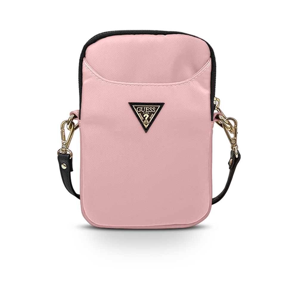 Order guess nylon phone bag with metal triangle logo light pink Now! Jomla.ae