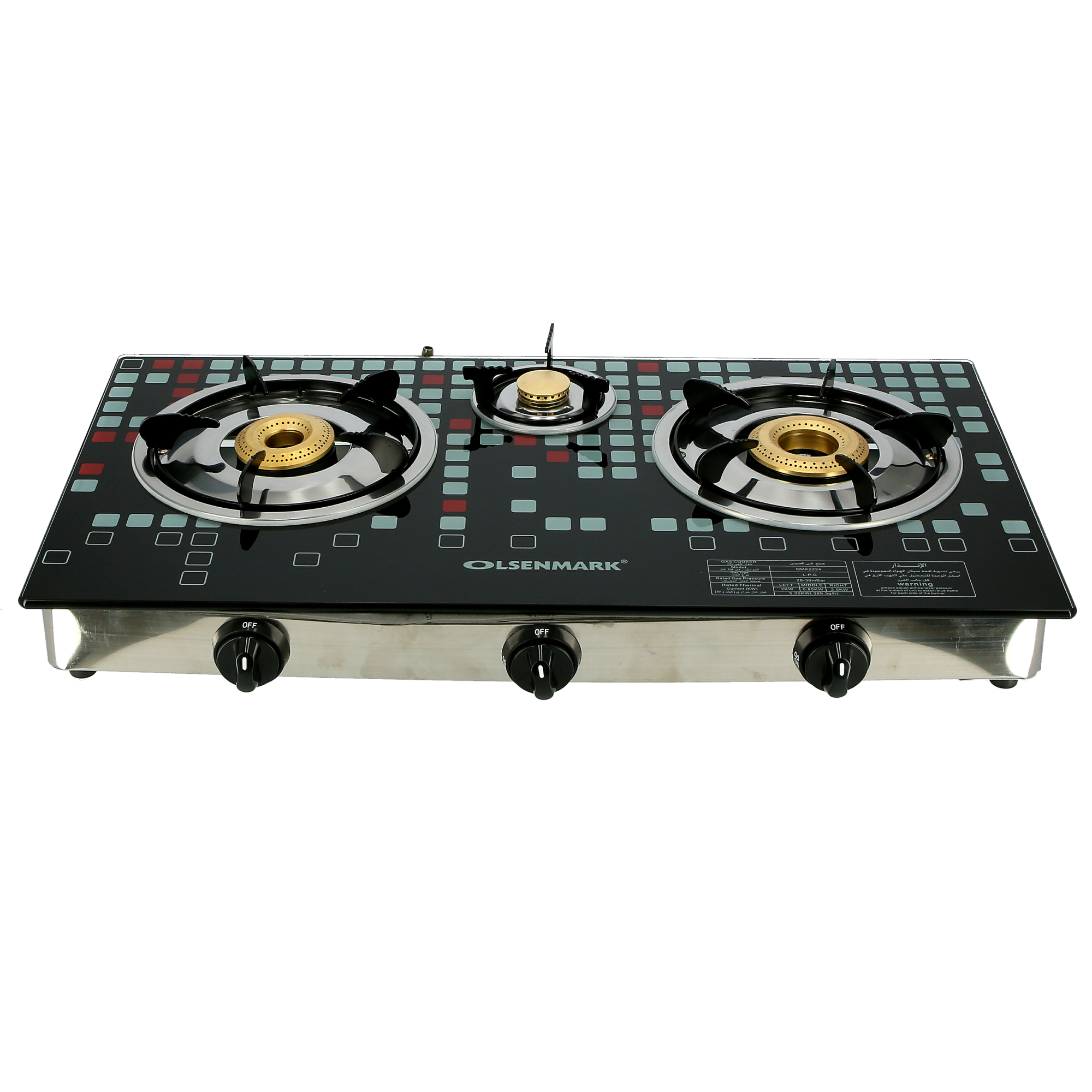 Olsenmark Tempered Glass Triple Burner Gas Stove Auto Ignition
