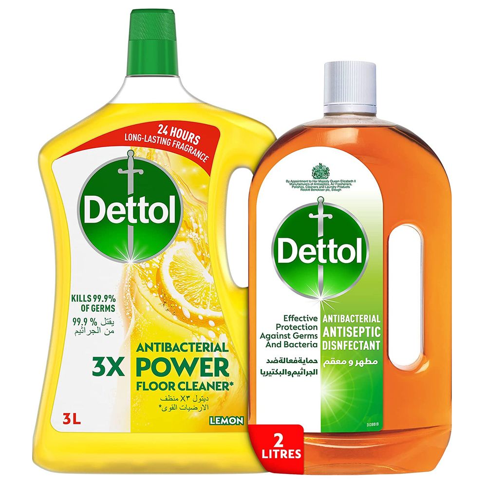 Dettol Lemon Floor Cleaner Kit 3L + Antiseptic Liquid 2L Jomla.ae