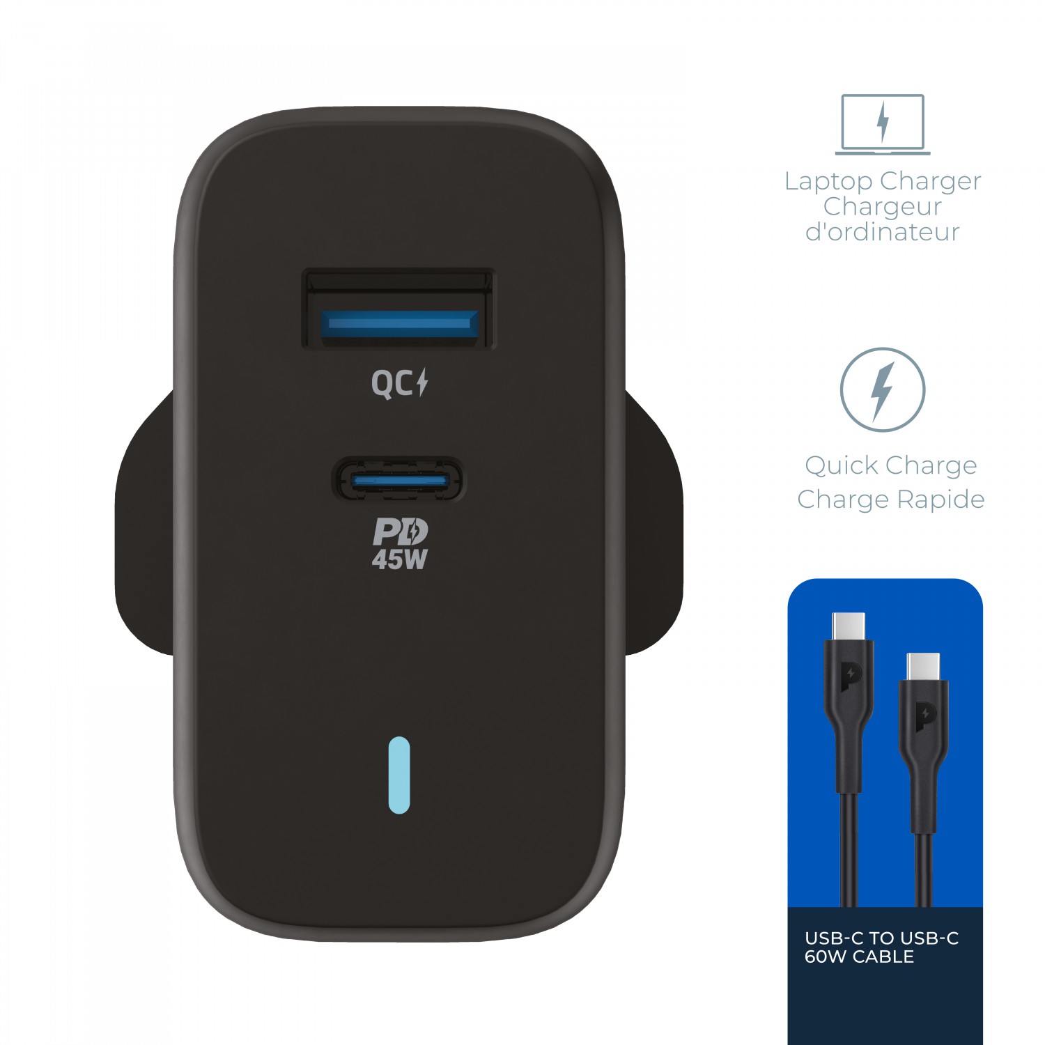 Chargeur rapide Power Delivery USB-C 20 W avec Câble Type-C 45w