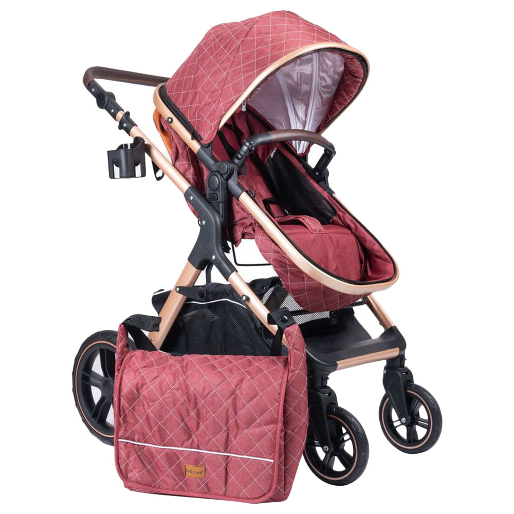 Belecoo - One Fold-To-Half Luxury Pram W/ Diaper Bag - Red | Jomla.ae