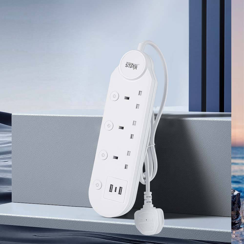 Winning Star Power Socket with 3 UK Outlets, Type-C & USB Ports, 3m Cable, 2000W Capacity - View 3