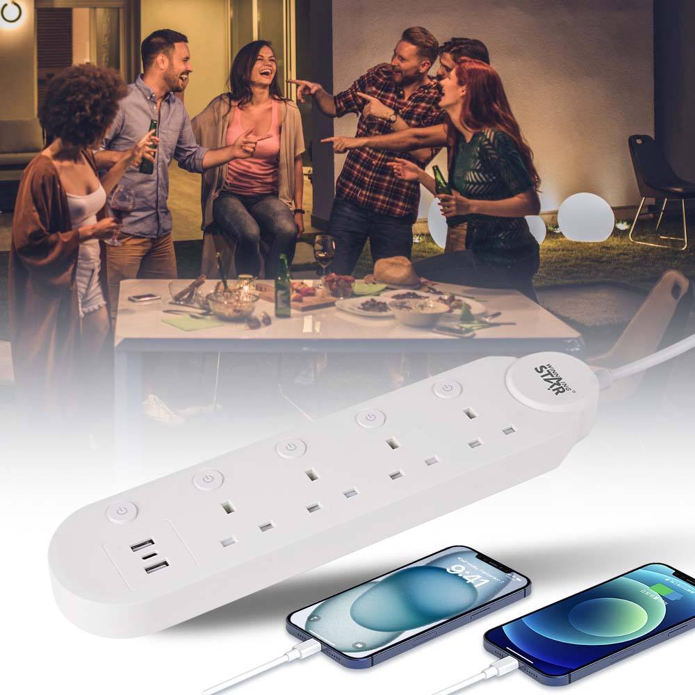 Winning Star Power Socket with 3 UK Outlets, Type-C & USB Ports, 3m Cable, 2000W Capacity - View 4