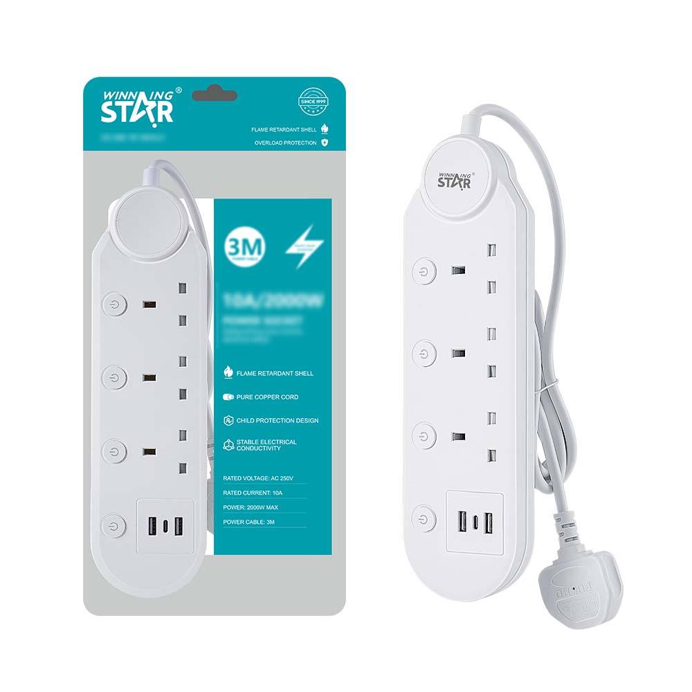 Winning Star Power Socket with 3 UK Outlets, Type-C & USB Ports, 3m Cable, 2000W Capacity - View 5