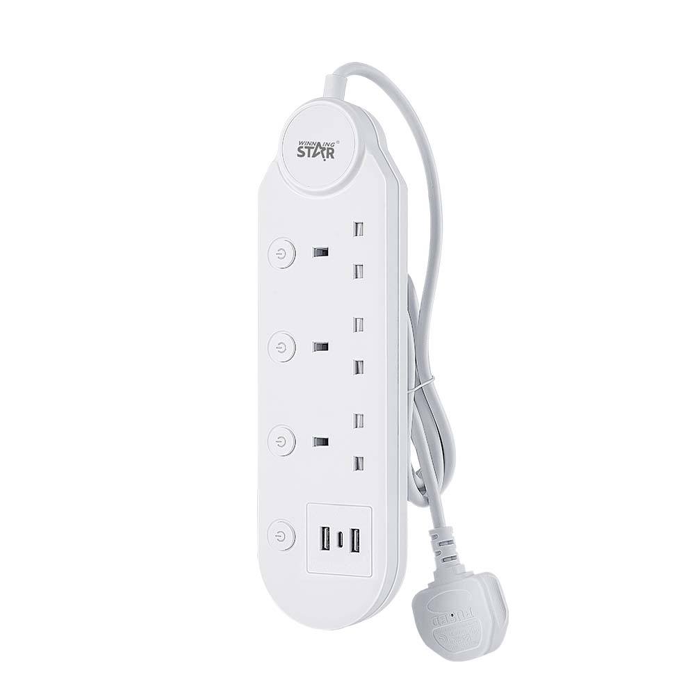 Winning Star Power Socket with 3 UK Outlets, Type-C & USB Ports, 3m Cable, 2000W Capacity